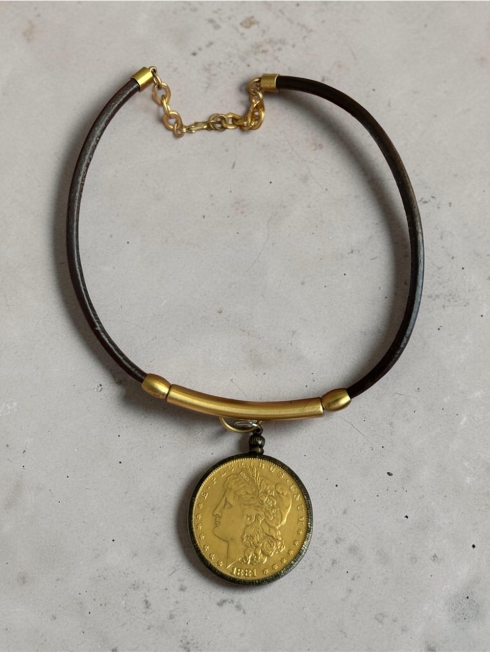 Gold-Tone Coin Pendant Necklace - Brown Cord